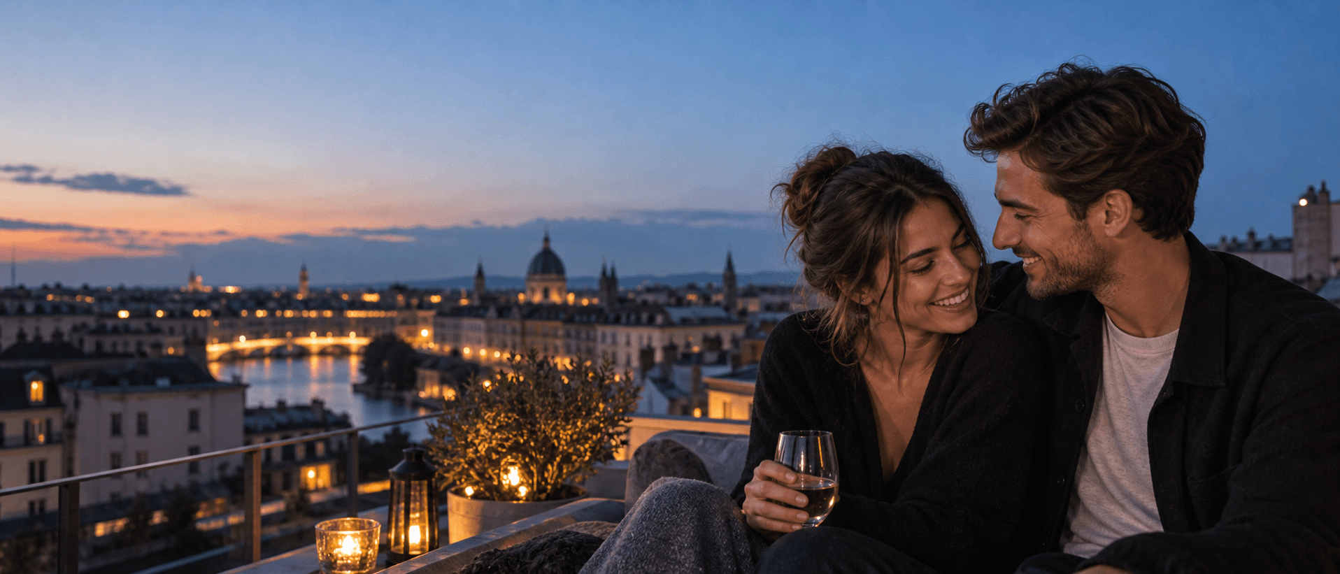Jeune couple adulte partageant un moment complice sur un toit au crépuscule